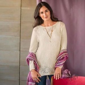 Sundance Lambswool Alpaca Boho Pointelle Knit Crochet Sweater Cream Small